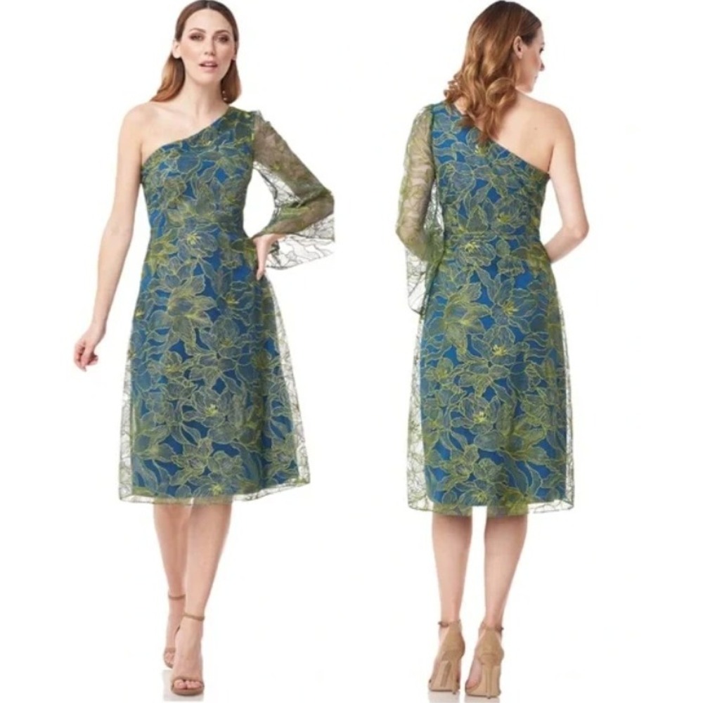 JS Collection NWT Size 4 One-Shoulder Blue Green Floral Cocktail Dress Old Money